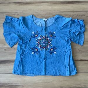 Umgee Embroidered Blouse Tiered Flutter‎ Sleeve